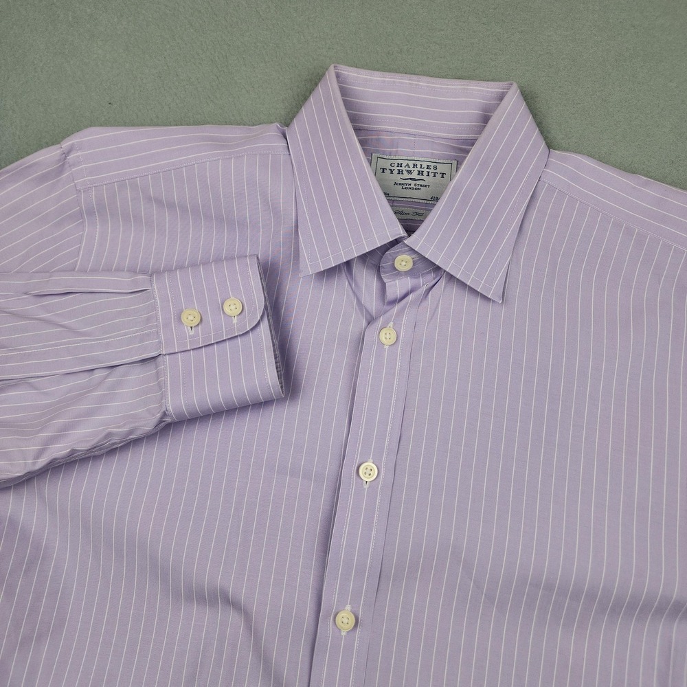 Charles Tyrwhitt Shirt Mens 16.5 33 Purple Stripe Slim Fit Dress Long Sleeve